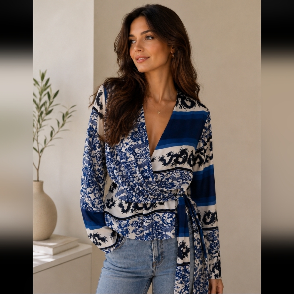 Wrap Blouse with Blue Paisley Print